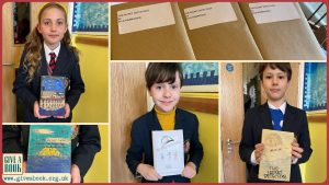 Pupils from St. Eanswythes proudly displaying their individually designed front covers and handwritten blurbs for The Secret Detectives by Ella Risbridger as part of Give a Book's 'From Page to Picture' project.