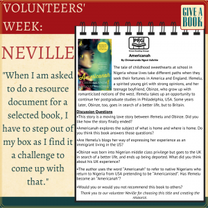 An image of one of our Book Talk handouts created by our Volunteer, Neville, with a quote from him; "when I am asked to do a resource document for a selected book, I have to step out of my box as I find it a challenge to come up with that."