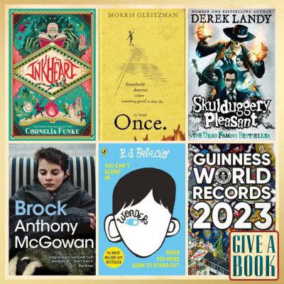 A collage of six book covers, as recommended in the blog post: (clockwise, from top left) Inkheart by Cornelia Funke, Once by Morris Gleitzman, Skullduggery Pleasant: The End of the World by Derek Landy, Guinness World Records 2023, Wonder by R. J. Palacio, and Brock by Anthony McGowan.