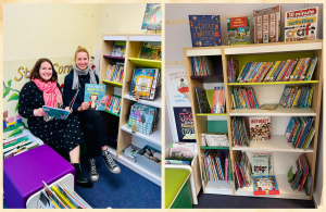 Catherine (Wyke Regis) and Mima (Give a Book) sitting in one of the colourful new book corners, with big grins, each enjoying a shiny new book.