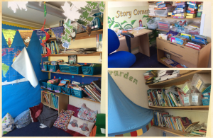 Three images of the original book corners at Wyke Regis, each looking a little worse-for-wear with book shelves buckling, dog-earned posters falling down, and outdated books piled too high for the children to reach.
