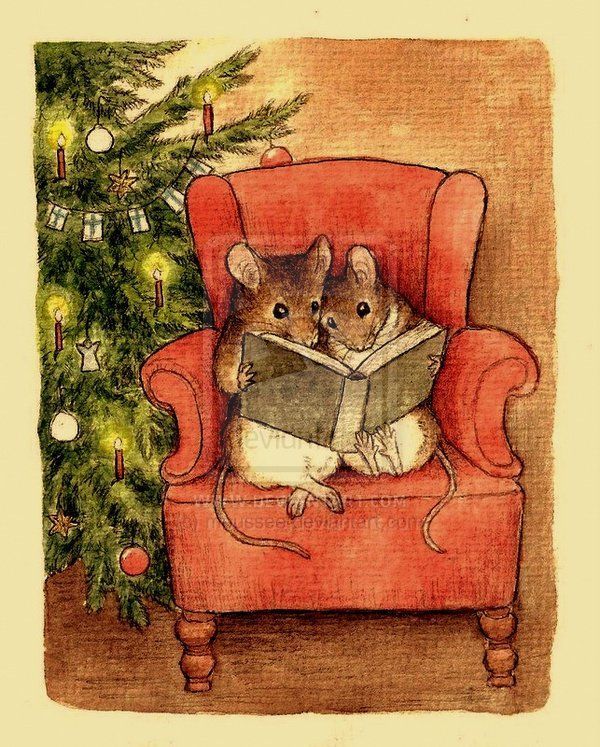Illustration of two mice sitting in a chair reading, next to Christmas tree.
