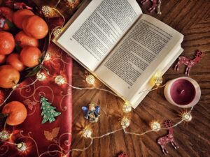 Book and Christmas decorations
