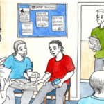 Illustration of six men in a prison reading group