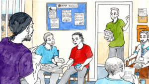 Illustration of six men in a prison reading group