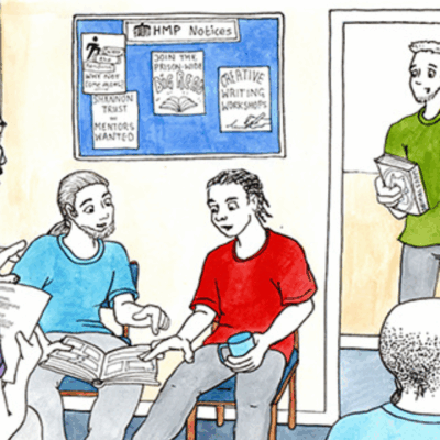 Illustration of six men in a prison reading group